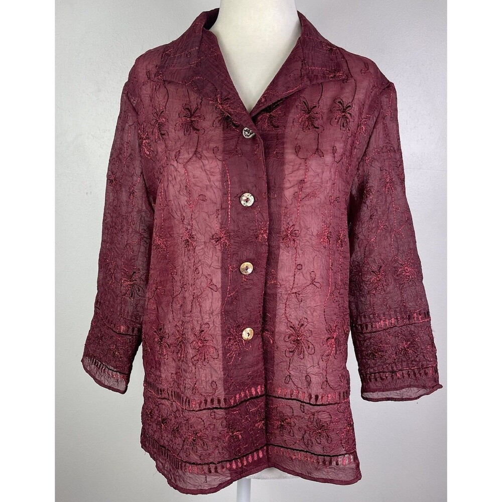 Vtg Coldwater Creek Sheer Burgundy Embroidered Top Burnout Dark Romantic Boho